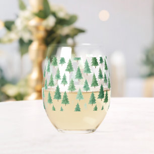 Modern Watercolor Christmas Pine Trees Holiday Stemless Wine Glass