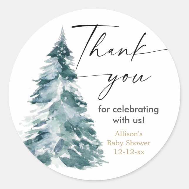 Modern Watercolor Christmas tree baby shower Classic Round Sticker (Front)