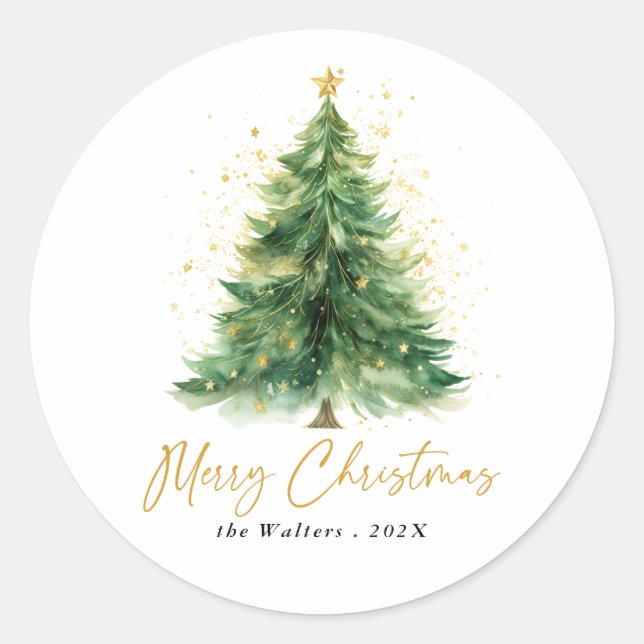 Modern Watercolor Christmas Tree Non Photo Classic Round Sticker (Front)