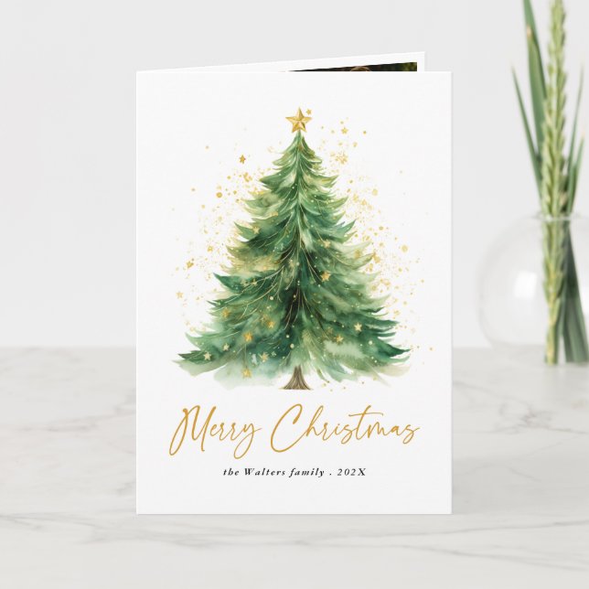 Modern Watercolor Christmas Tree Non Photo Holiday Card (Front)