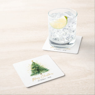 Modern Watercolor Christmas Tree Non Photo Square Paper Coaster