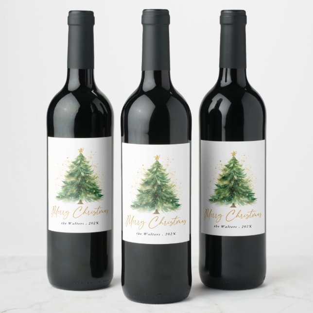 Modern Watercolor Christmas Tree Non Photo Wine Label (Bottles)
