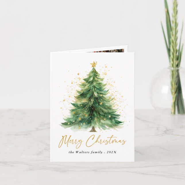 Modern Watercolor Christmas Tree Photo Card (Front)