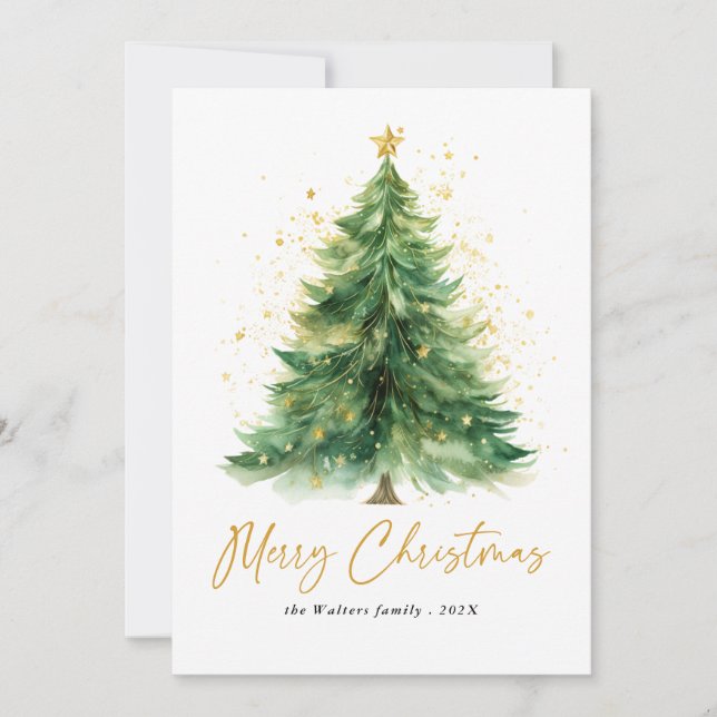 Modern Watercolor Christmas Tree Photo Holiday Car (Front)