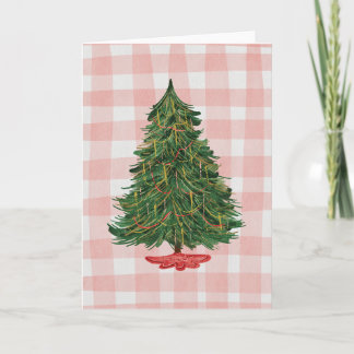 Modern Watercolor Christmas Tree Pink Gingham Card