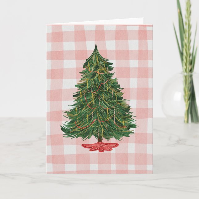 Modern Watercolor Christmas Tree Pink Gingham Card (Front)