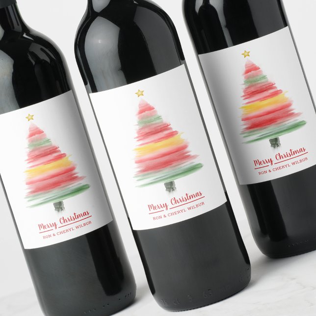 Modern Watercolor Christmas Tree Wine Label (Creator Uploaded)