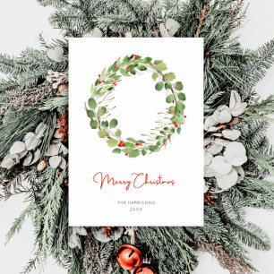 Modern Watercolor Christmas Wreath Holiday Card