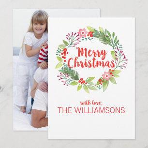 Modern Watercolor Christmas Wreath Photo Holiday Card