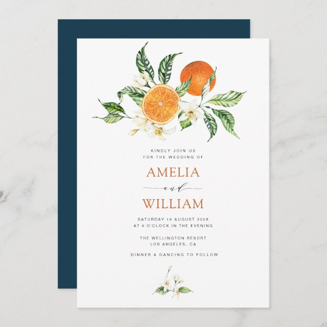 modern watercolor citrus oranges wedding invitation (Front/Back)