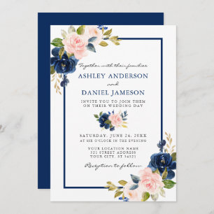 Modern Watercolor Classic Blue Pink Floral Wedding Invitation