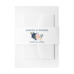 Modern Watercolor Classic Blue Pink Floral Wedding Invitation Belly Band
