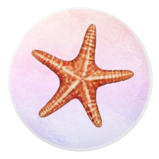 Modern Watercolor Coastal Beach Starfish Seashells Ceramic Knob (Front)