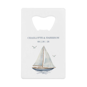 Modern Watercolor Coastal Seascape Wedding Credit Card Bottle Opener