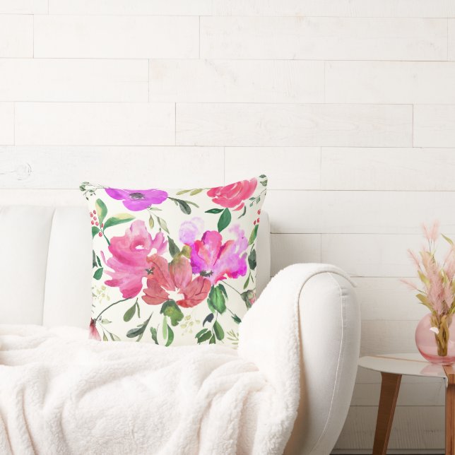 Modern Watercolor Colourful Floral Pattern Throw Pillow (Couch)