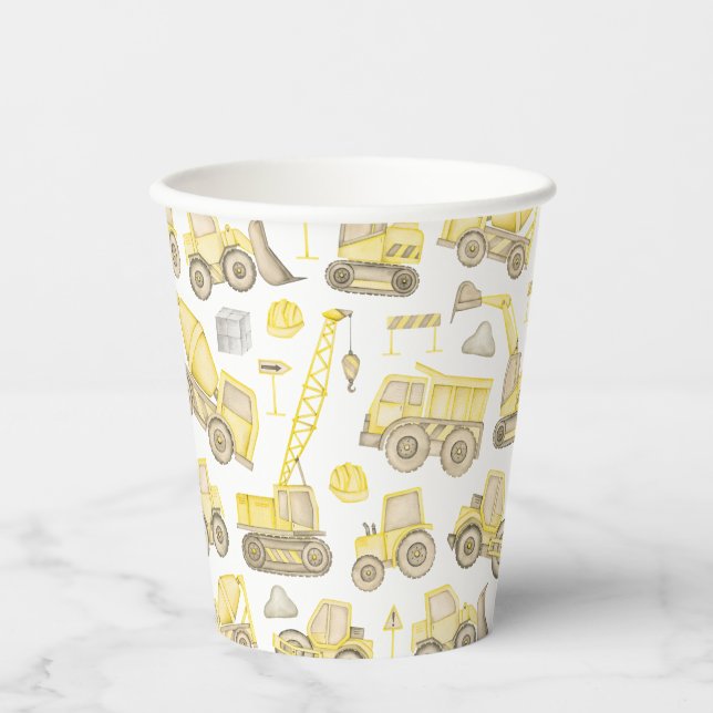 Modern Watercolor Construction Vehicle Birthday Paper Cups (Front)