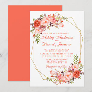 Modern Watercolor Coral Floral Geometric Wedding Invitation