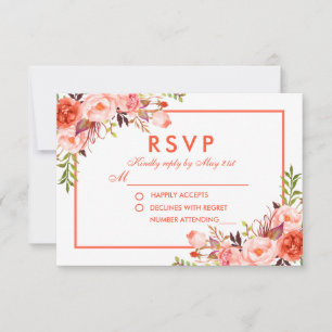 Modern Watercolor Coral Floral RSVP Wedding Card