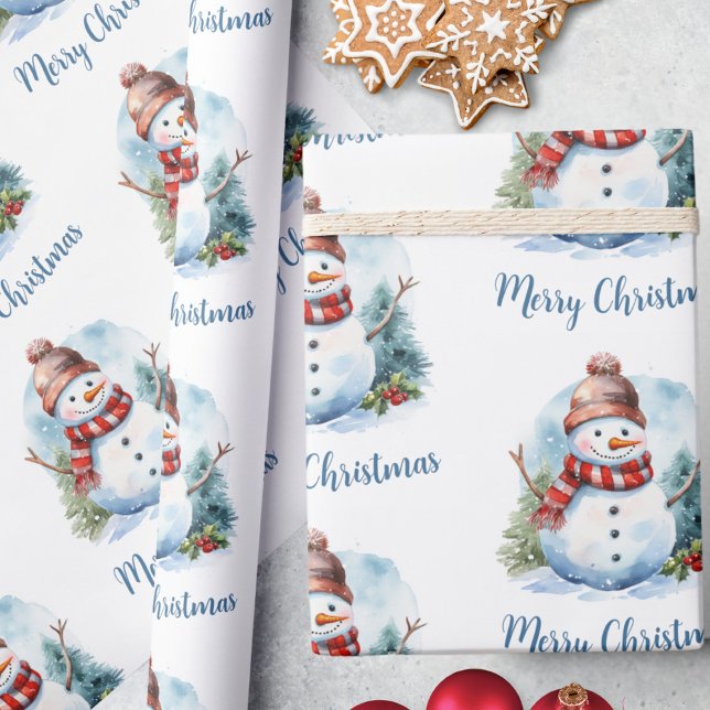 Modern Watercolor Cute Red Blue Snowman Christmas Wrapping Paper (Creator Uploaded)