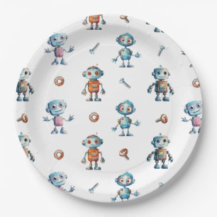 Modern Watercolor Cute Robot Kids Paper Plate
