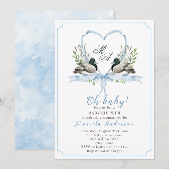 Modern watercolor duck mallard  Baby Shower Invitation (Front/Back)