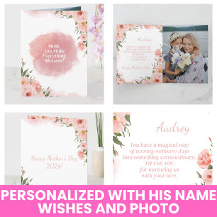 Modern Watercolor Elegant Pink Floral Mothers Day  Card