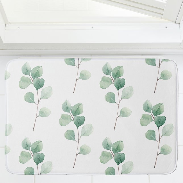 Modern Watercolor Eucalyptus Green Pattern Bath Mat (Creator Uploaded)