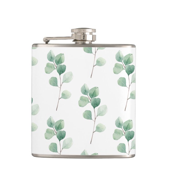 Modern Watercolor Eucalyptus Green Pattern Hip Flask (Front)