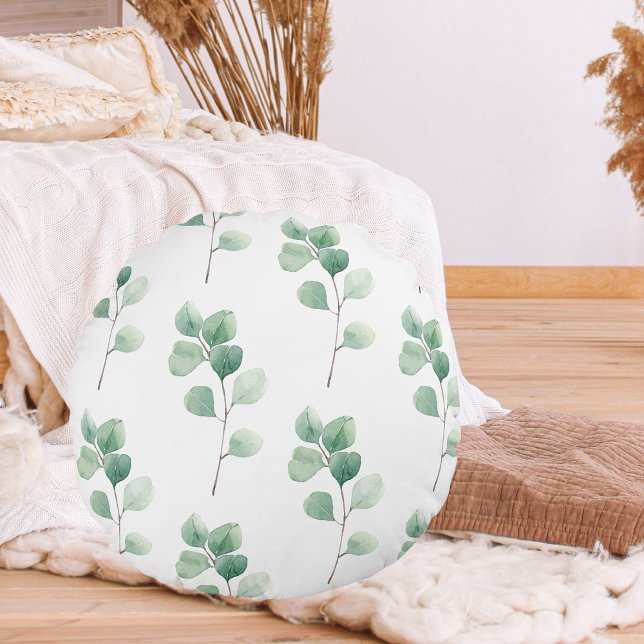 Modern Watercolor Eucalyptus Green Pattern Round Pillow (Creator Uploaded)