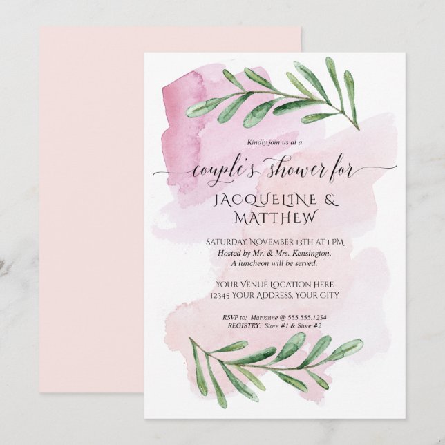 Modern Watercolor Eucalyptus Leaves Couples Shower Invitation (Front/Back)