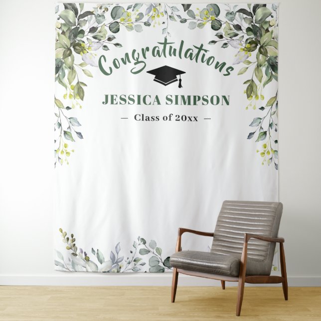 Modern Watercolor Eucalyptus Photo Booth Backdrop Tapestry (In Situ)