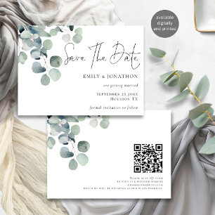 Modern Watercolor Eucalyptus QR Code Script Save The Date