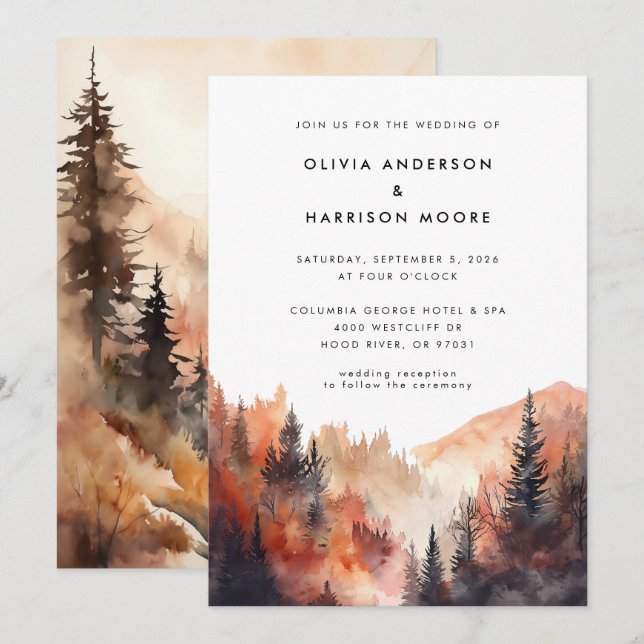 Modern Watercolor Fall Outdoor Mountain Wedding  Invitation (Front/Back)