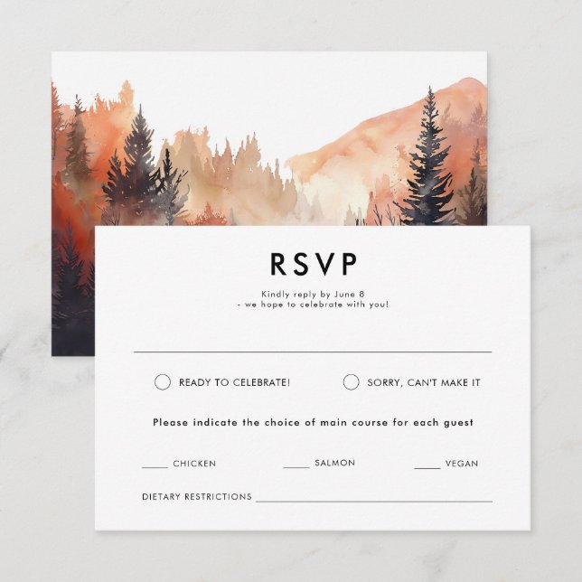 Modern Watercolor Fall Outdoor Mountain Wedding  RSVP Card (Front/Back)