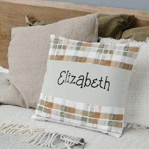 Modern Watercolor Fall Plaid Name Throw Pillow