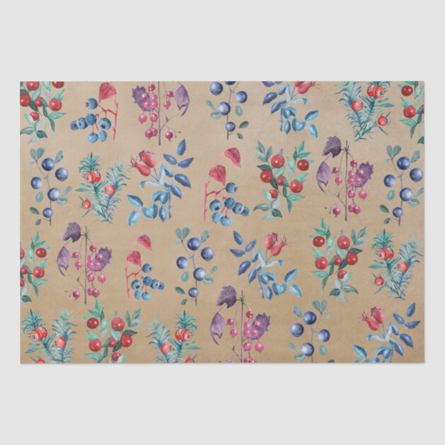 Modern Watercolor Festive Winter Berries Kraft  Tissue Paper (Front)