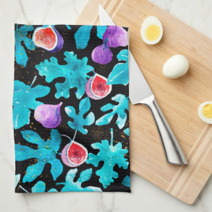 Modern Watercolor Figs Fruit on Black Kitchen Towel