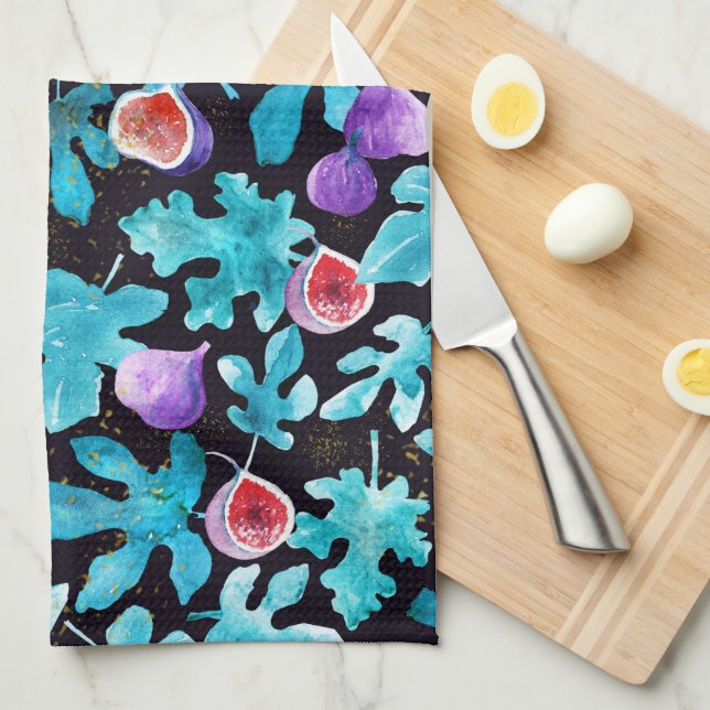 Modern Watercolor Figs Fruit on Black Kitchen Towel (Quarter Fold)