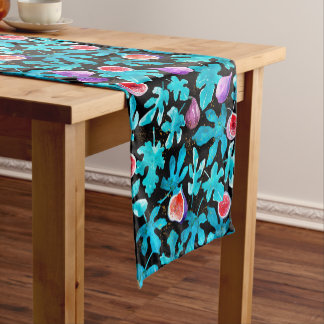 Modern Watercolor Figs Fruit on Black Short Table Runner