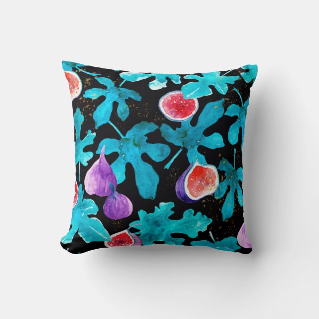 Modern Watercolor Figs Fruit on Black Throw Pillow (Front)