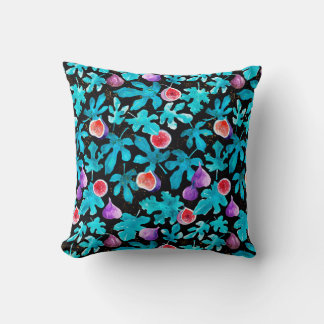 Modern Watercolor Figs Fruit on Black Throw Pillow