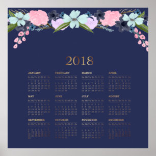 Modern Watercolor Floral 2018 Calendar Poster