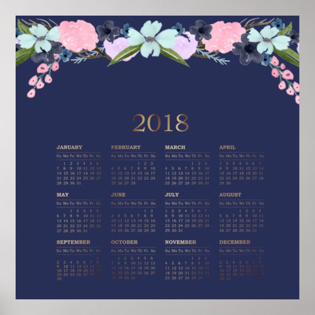 Modern Watercolor Floral 2018 Calendar Poster (Front)
