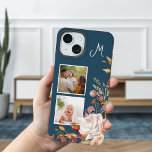 Modern Watercolor Floral 2-Photo Monogram iPhone 15 Case<br><div class="desc">Trendy and modern corner cluster of pretty watercolor flowers,  two square photo templates and monogram text field with customizable background colour.</div>
