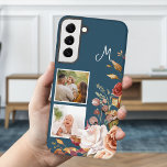Modern Watercolor Floral 2-Photo Monogram Samsung Galaxy Case<br><div class="desc">Trendy and modern corner cluster of pretty watercolor flowers,  two square photo templates and monogram text field with customizable background colour.</div>
