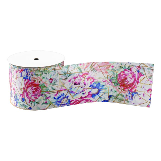 Modern watercolor floral and gold triangles grosgrain ribbon (Spool)