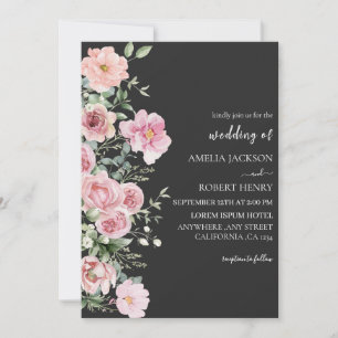 Modern watercolor floral Black and gold Wedding Invitation