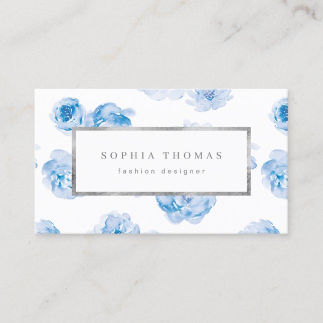 Modern watercolor floral blue gold professional business card (Front)