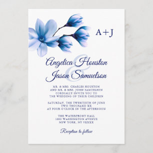 Modern Watercolor Floral Blue Navy White Wedding Invitation
