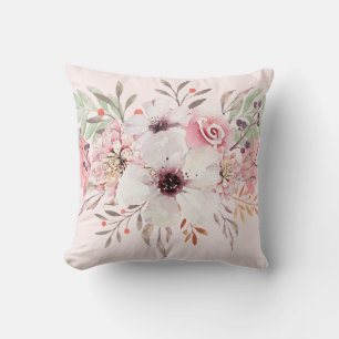 Modern Watercolor Floral Blush Pink Throw Pillow